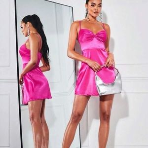 Like New Barbie Hot Pink Satin Silk Skater Mini Dress XS